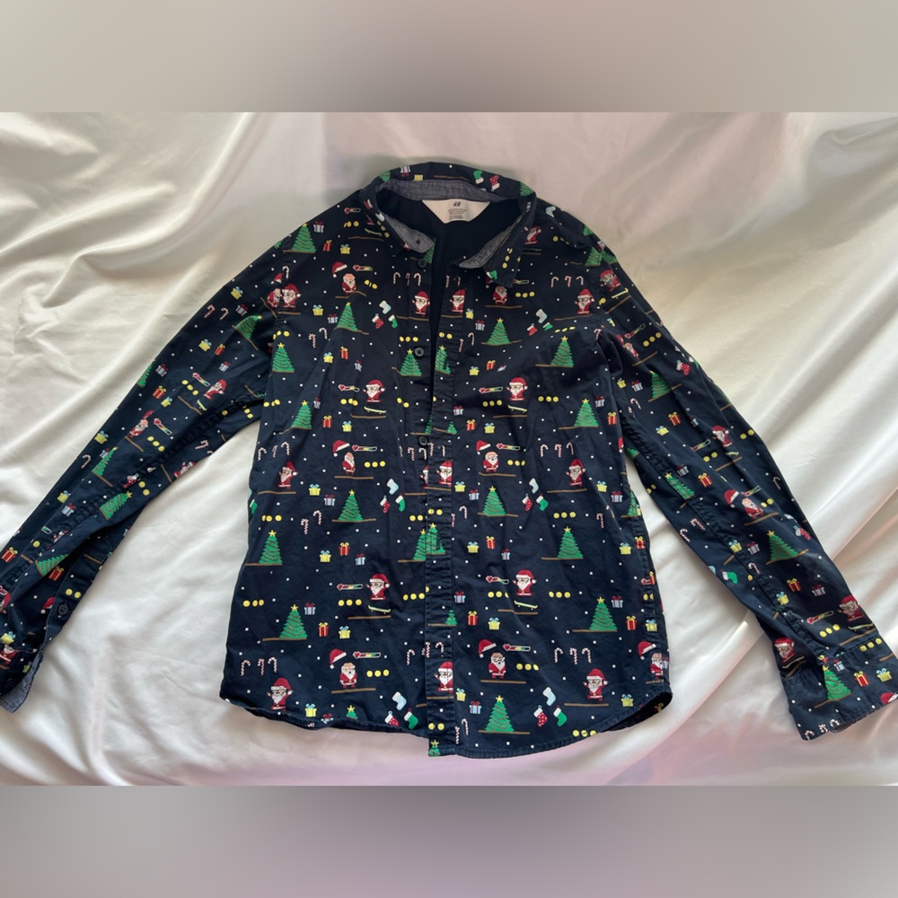 H&M boys Christmas & Santa button down shirt size 12